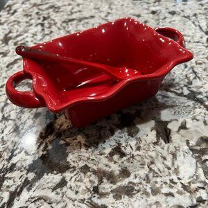 RED Ceramic Scalloped Edge Square Dish with Handles / Salsa Guacamole etc.